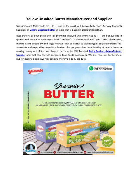 Yellow Unsalted Butter Manufacturer and Supplier | edocr