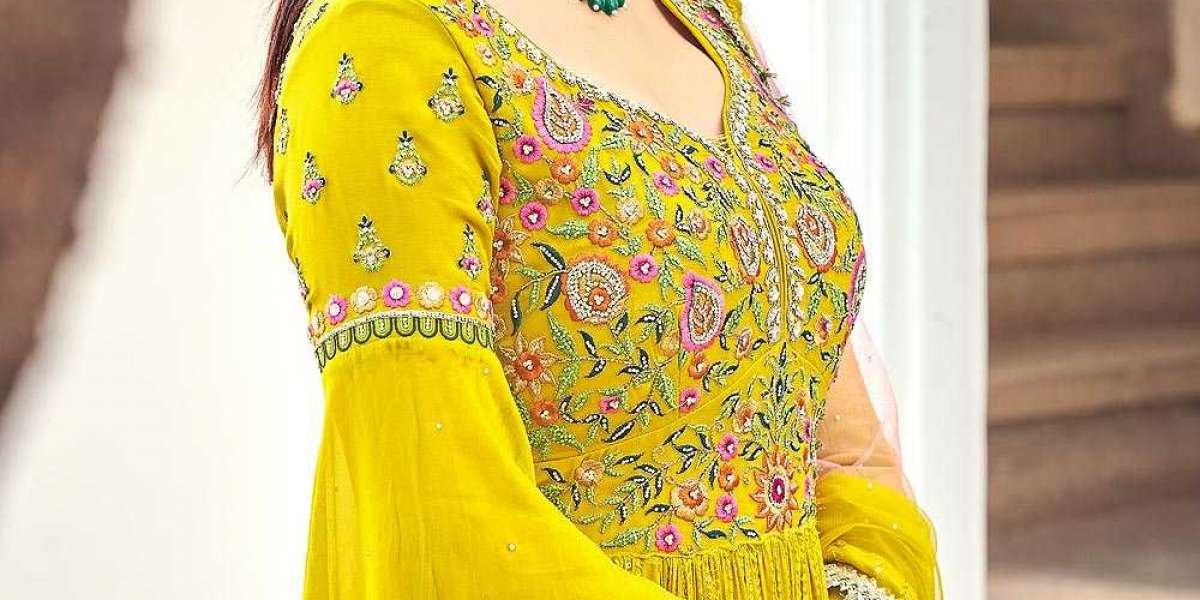 Buy Mustard Yellow Embroidered Georgette Anarkali Dress online | Like A Diva